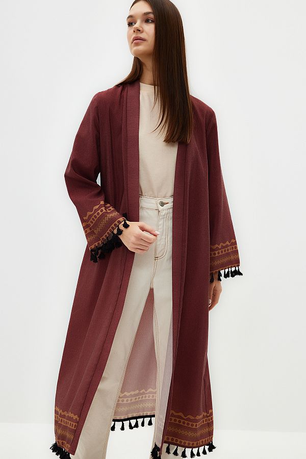 Trendyol Modest-Kimono și caftan țesut lung în amestec de bumbac cu model etnic maro TCTSS23KK00012 1