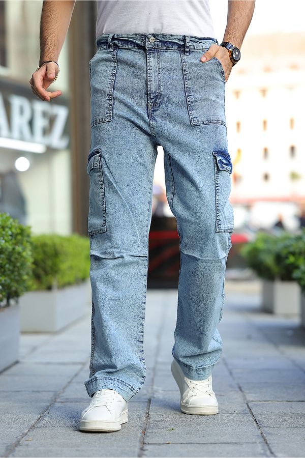 COOL TARZ Light Blue Men s Snow Wash Baggy Denim Trousers with Cargo Pockets Trendyol