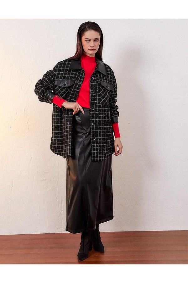Kayra Checkered Faux Leather Detailed Jacket Black Trendyol
