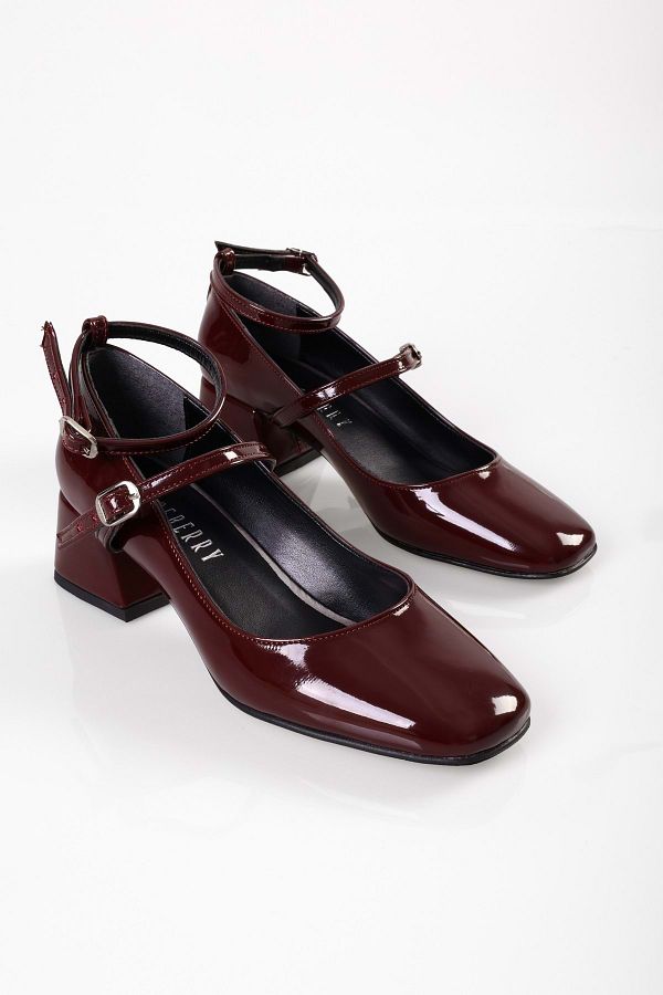 Shoeberry Women s Linnie Burgundy Patent Leather Thick Heeled Shoes Trendyol