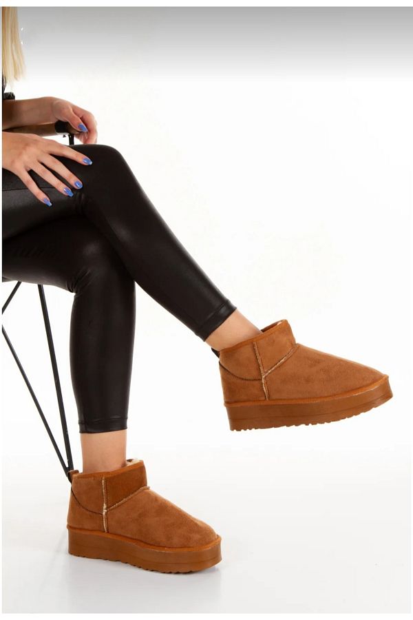 POLENS Women s Tan Thick Sole Suede Boots Platform Heels Fur Inside Ug Model Boots Bootie Trendyol