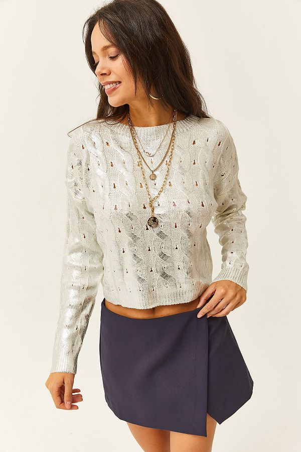Olalook-Weißer, dicker, geflochtener Metallic-Strickpullover für Damen KZK-19000722 1