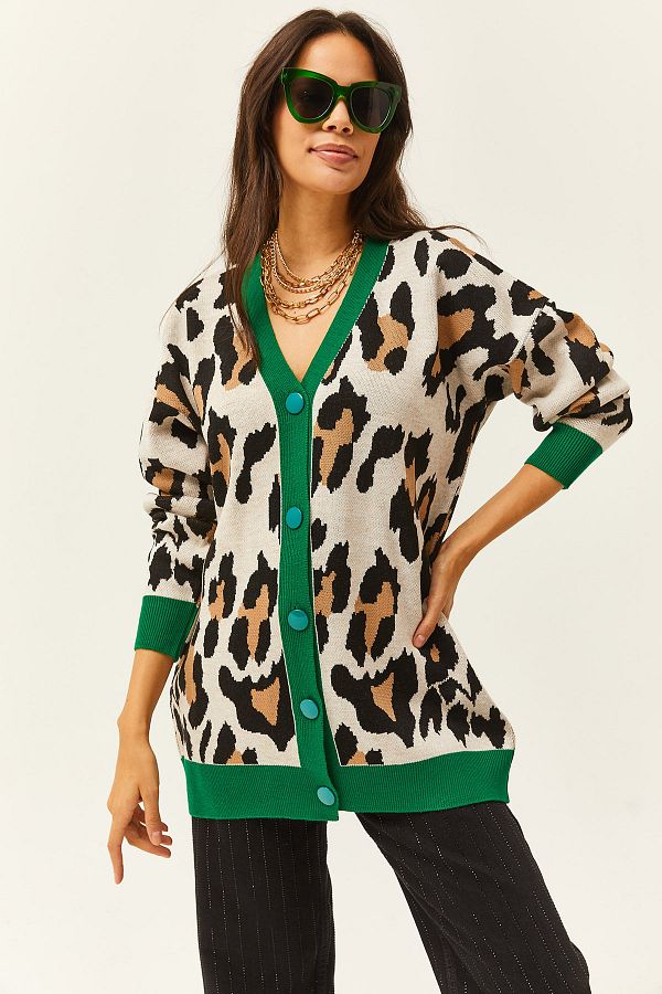 Olalook Women s Green Stone Oversize Leopard Cardigan HRK 19000263 Trendyol