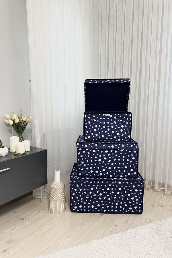 VAYBE-Set of 3 Dark Blue Star Patterned Multi-Purpose Storage Box, Storage Box, Box, Organizer, Toy Box 1