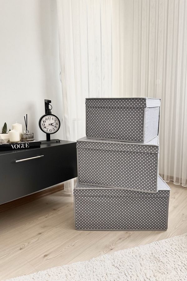 VAYBE-Set of 3 Gray Polka Dot Patterned Multi-Purpose Storage Box, Box Storage, Box, Organizer, Toy Box 1