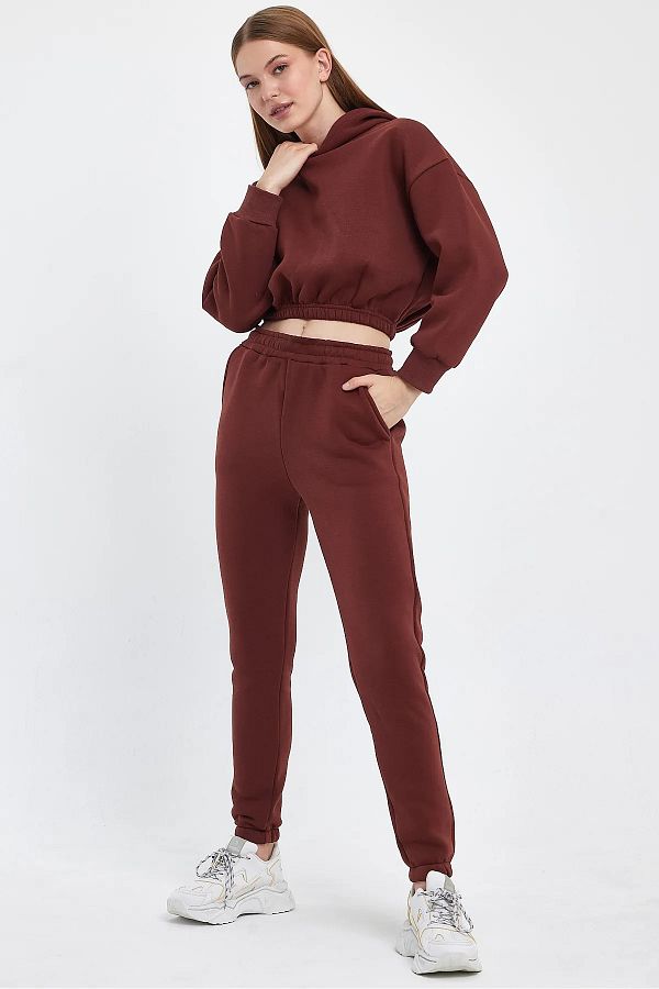 PURE EFFECT Zipperless Hooded Crop Tracksuit Set 3 Thread Ribbed Fabric Trendyol