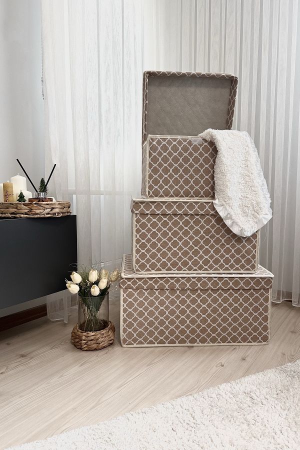 VAYBE-Set of 3 Cream Chain Patterned Multi-Purpose Storage Box Storage Box Organizer Toy Box 1
