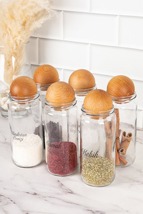 DNS HOME Set of Glass Jars with Wooden Ball Lids and Spice Jar