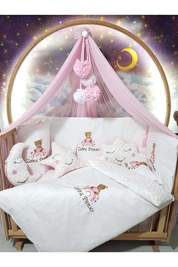 bebek_iklimi Nakış İşlemeli Gökkuşağı Ayıcık Desen 60x120 Cibinlikli Bebek Uyku Seti