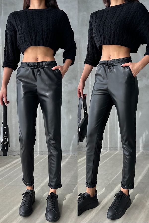 FEMELLE Women s Black Elastic Waist Double Leg Leather Jogger Pants Trendyol