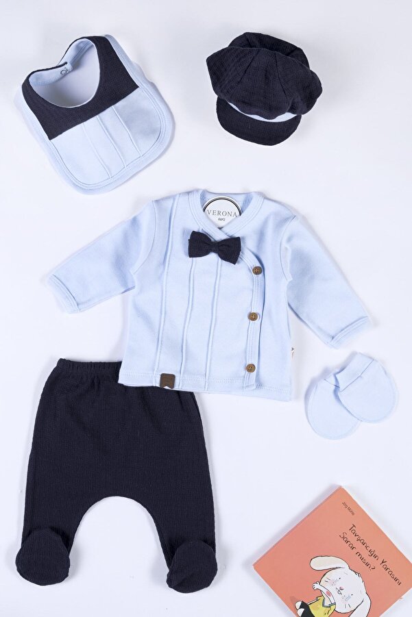VERONA TARZ Yeni Sezon Kasketli Nervüllü Kumaş Erkek Bebek 5li Hastane Çıkış Seti Yenidoğan Kıyafeti