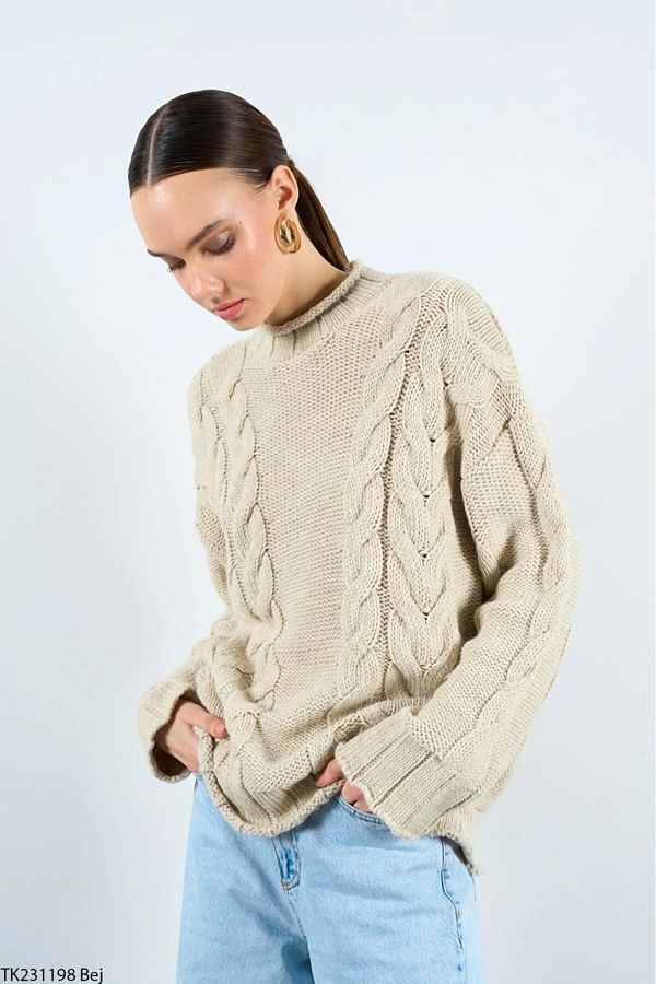 Laluvia-Beigefarbener Strickpullover mit dickem Haargeflecht und Rundhalsausschnitt 1