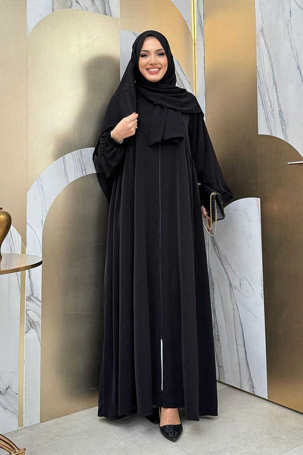 Bym Fashion-Oval Gathered Sleeve Cuffs Elastic Zip Full Size Ferace Bym5 Black 1