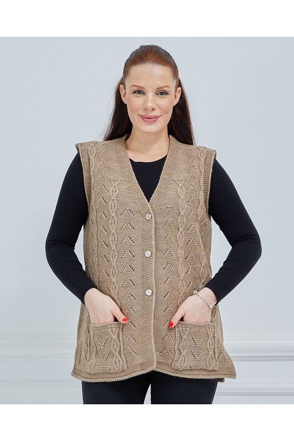 Fresh&Moda-Vestă tricotată de buzunar din lână cu lanț cu decolteu în V pentru femei 1