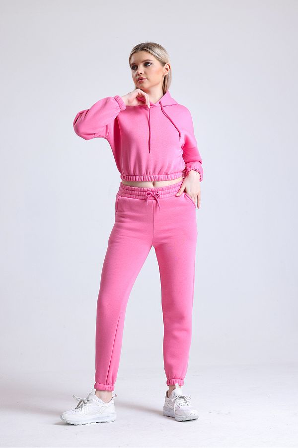Babelook Women s Pink Winter Thick Fleece Hooded Crop Sweatshirt and Jogger Double Tracksuit Set Trendyol