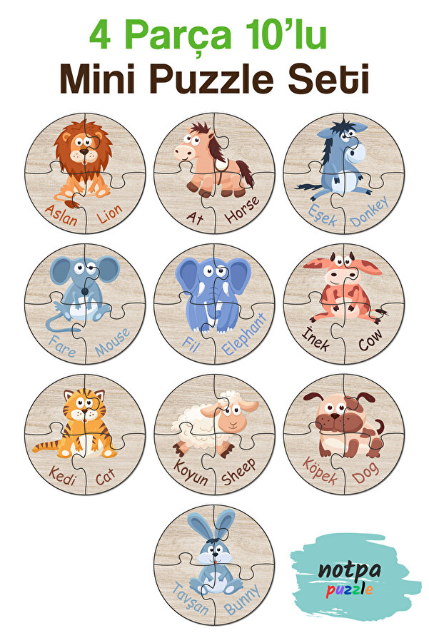 kutuTR Notpa Türkçe-İngilizce İlk Puzzle'm Sevimli Hayvanlar Serisi 10'lu Set