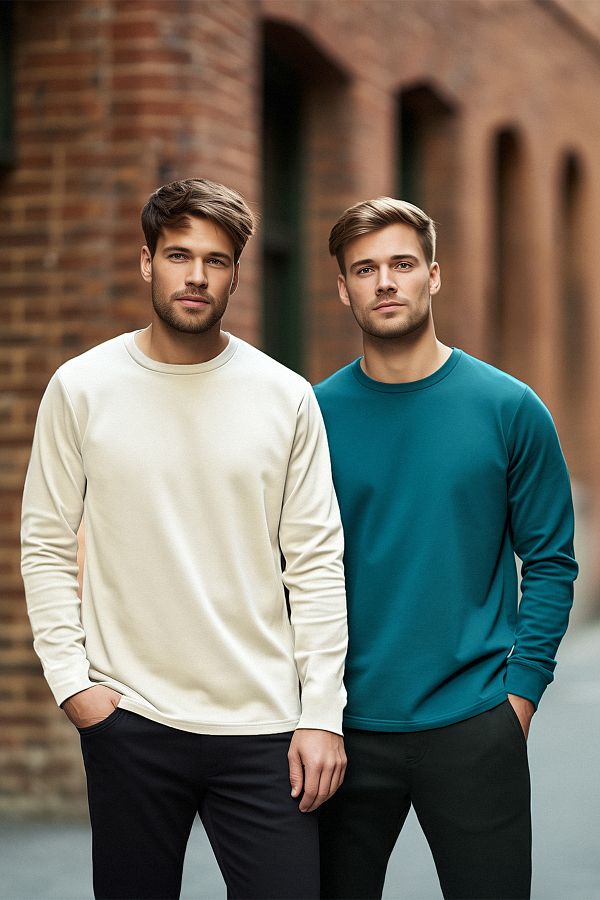 Trendyol Collection-Petrol-Ecru 2er-Pack Langarm-T-Shirts aus 100 % Baumwolle mit normaler Passform TMNAW24TS00001 1