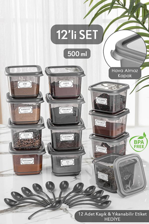 Meleni Home-Set of 12 Square Food Storage Container with Leak Proof Lid Anthracite 12 X 0.50 Lt Label 1