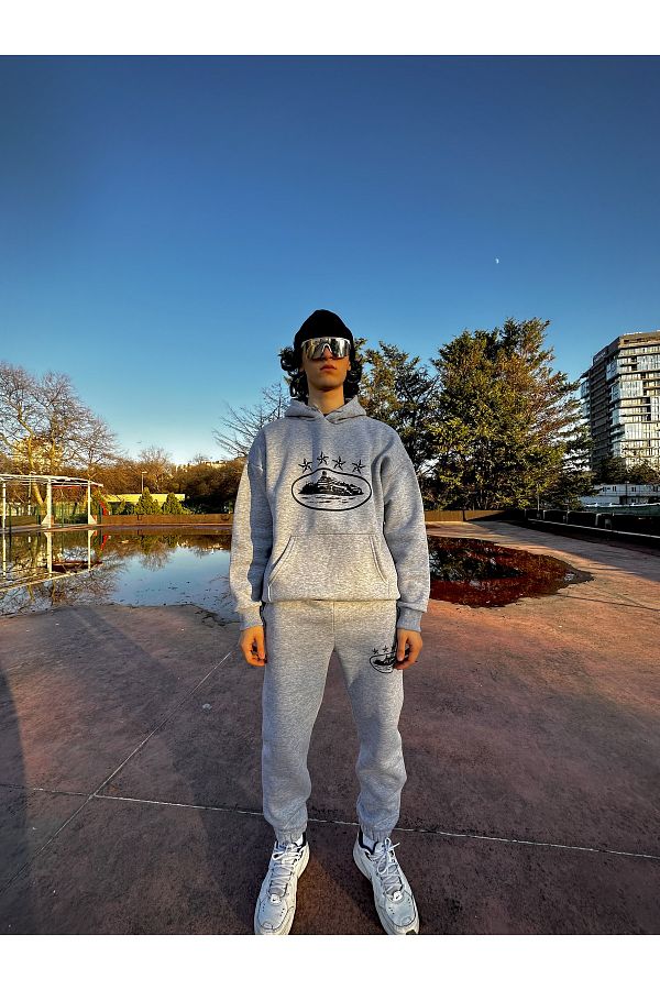 Minus Corteiz Star Printed Unisex Hoodie Gray Suit Street