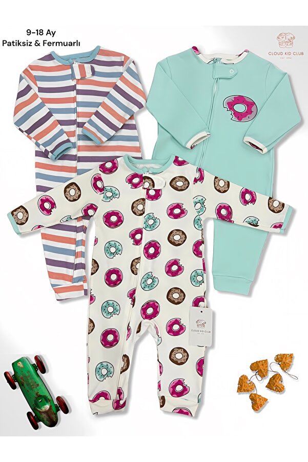 cloudkidclub Tatlı Donat %100 Doğal Pamuk 3'lü Bebek Tulum 0-18 Ay (UNİSEX)