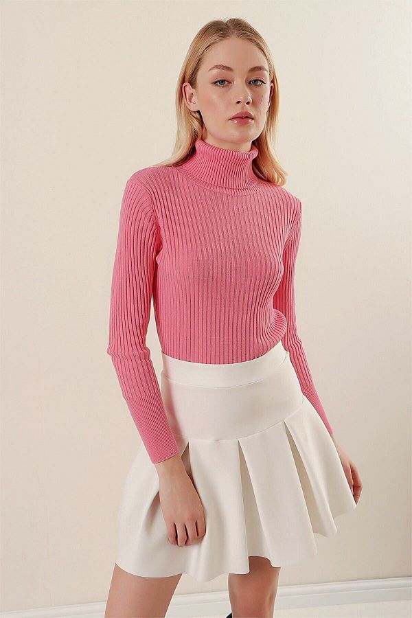 hazelin Women s Light Pink Turtleneck Corded Knitwear Turtleneck Sweater Hzl22w bd1445001 Trendyol