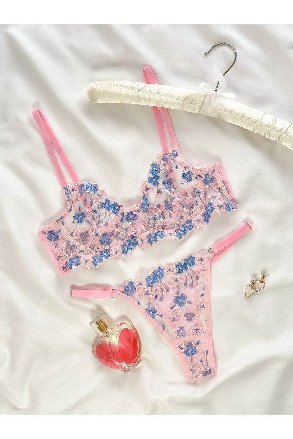 Arinda-Set de lenjerie intima cu sârmă Azalea, fără cupă, cu broderie florală, roz albastru 1