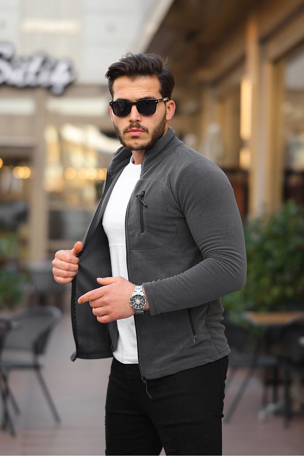 Kozik-Anthrazitfarbene Softshell-Herren-Fleece-Standardform mit durchgehendem Reißverschluss und 3 Taschen. Herren-Fleece-Cardigan 1
