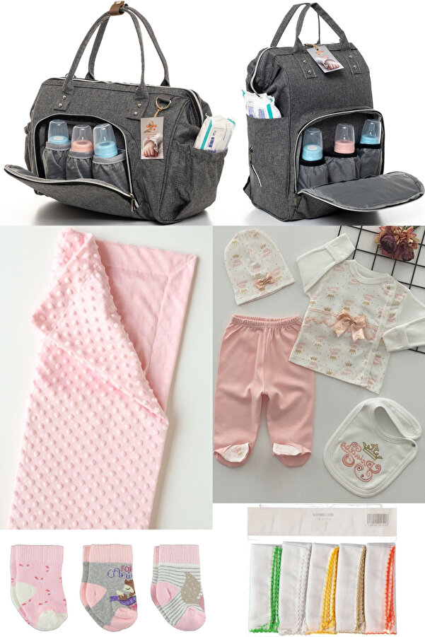 sahra bebek BÜYÜK DOĞUM SETİ(ANNE&BEBEK BAKIM OMUZ VE SIRT ÇANTASI,HASTANE ÇIKIŞ,BATTANİYE,MENDİL VE ÇORAP SETİ)