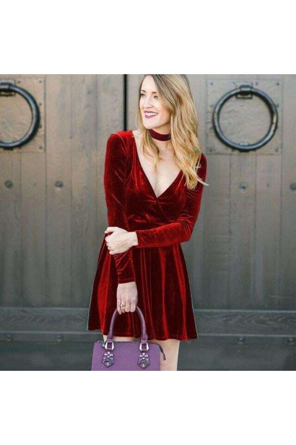 Styling Park Women s Burgundy V Neck Velvet Mini Dress Trendyol
