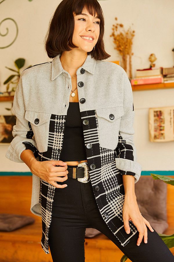 Olalook-Graue Hemdjacke mit Farbblock und Prägung für Damen CKT-19000224 1
