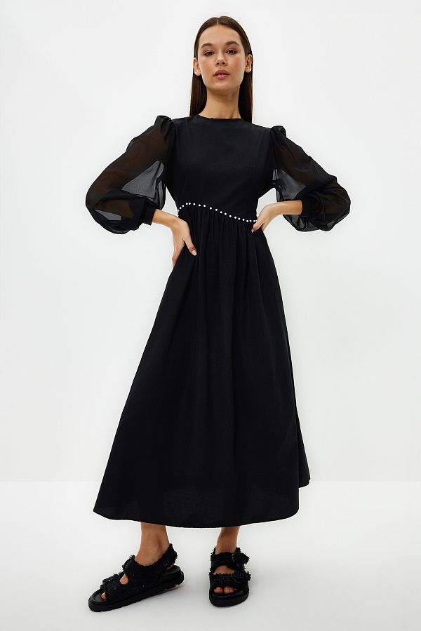 Trendyol Modest-Black Sleeves Chiffon Waist Pearl Detailed Evening Dress TCTSS24DB00005 1