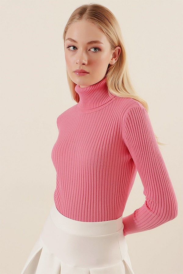 hazelin Women s Light Pink Turtleneck Corded Knitwear Turtleneck Sweater Hzl22w bd1445001 Trendyol