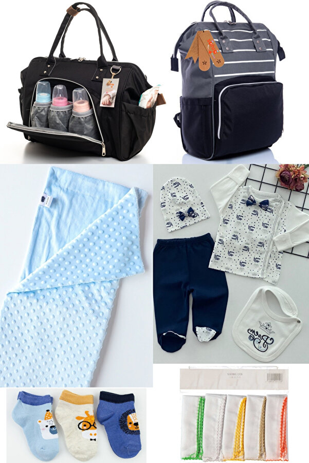 sahra bebek BÜYÜK DOĞUM SETİ(ANNE&BEBEK BAKIM OMUZ VE SIRT ÇANTASI,HASTANE ÇIKIŞ,BATTANİYE,MENDİL VE ÇORAP SETİ)