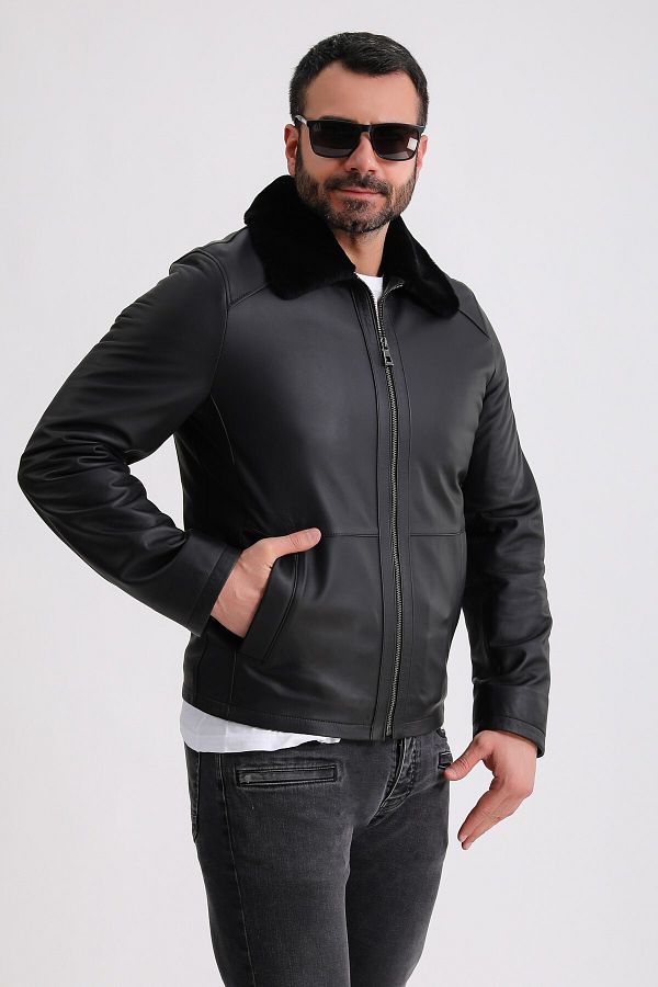 Leather Club-Taffeta Leather Jacket with Black Fur Accessories 1