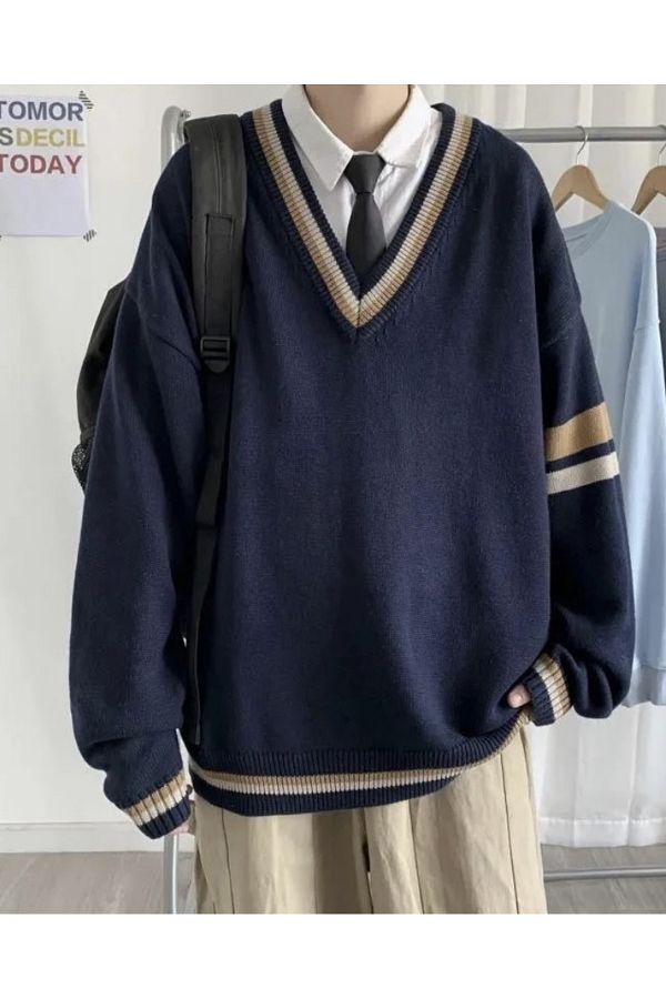 Kostebek Navy Blue V Neck Striped College Sweater Trendyol