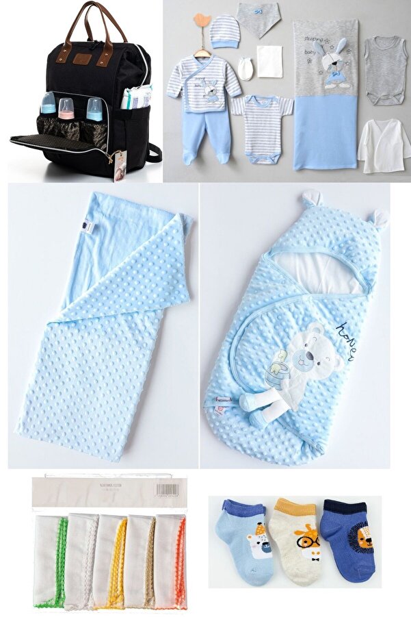 Necix's 6LI SEVİMLİ AYILAR DOĞUM SET(10’LU HASTANE ÇIKIŞ,BEBEK ÇANTASI,KUNDAK,BATTANİYE,MENDİL VE ÇORAP SET)