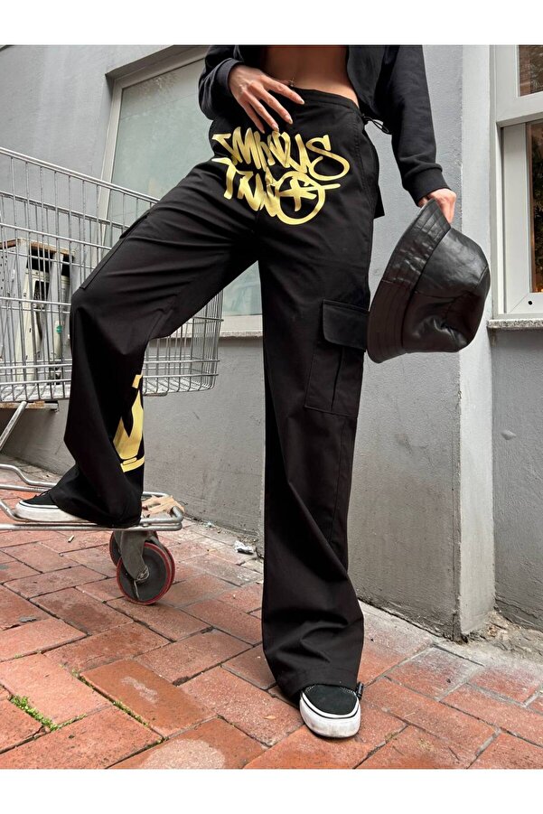 BALİNA Yellow Minus Two Printed Black Cargo Pocket Trousers- Trendyol