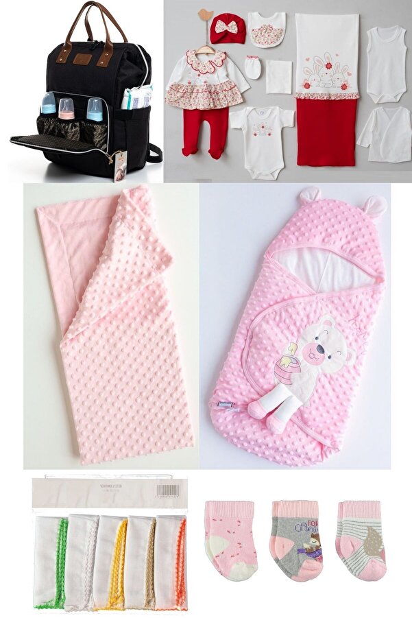 Necix's 6LI SEVİMLİ AYILAR DOĞUM SET(10’LU HASTANE ÇIKIŞ,BEBEK ÇANTASI,KUNDAK,BATTANİYE,MENDİL VE ÇORAP SET)