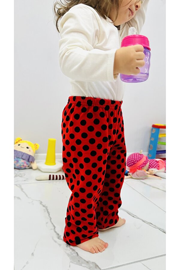 TD Collection Kadife Kız Çocuk / Bebek Pantolon Siyah Puantiyeli Kırmızı renk