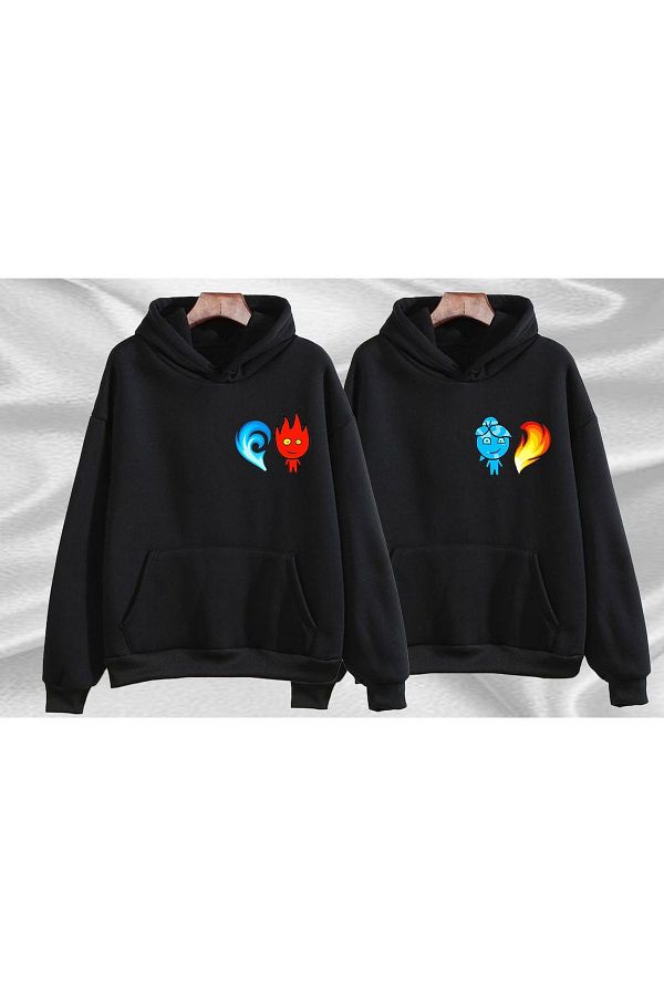 DUBU BUT K 2 Piece Element Fire and Water Lover Combination Sweatshirt Black Printed Winter Oversize Hoodie Trendyol