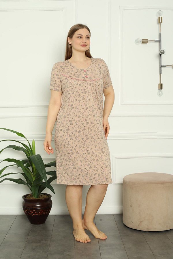 Lagertha by İntensive-Patterned Buttoned Piping Short Sleeve Lycra Viscose Large Size Nightgown 1