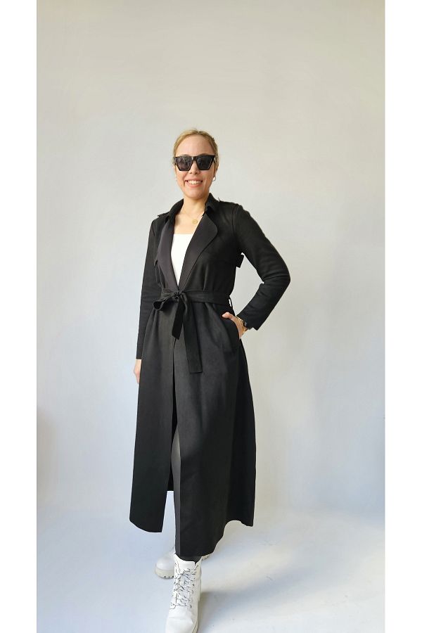 Black suede trench coat womens clearance