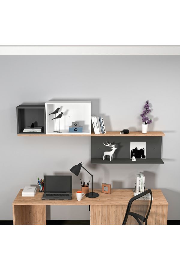 ARNETTİ-رف حائط من Akser Atlantic Pine Anthracite أبيض مكون من 3 أقسام - وحدة رفوف ورفوف مزخرفة 1