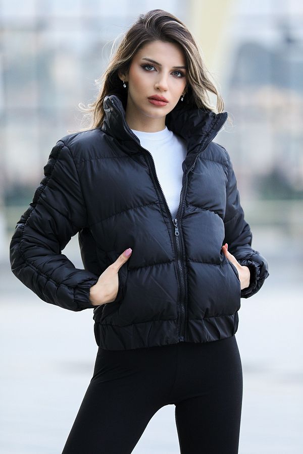 Julude Black Women s Sleeve Drawstring Puffer Jacket Trendyol