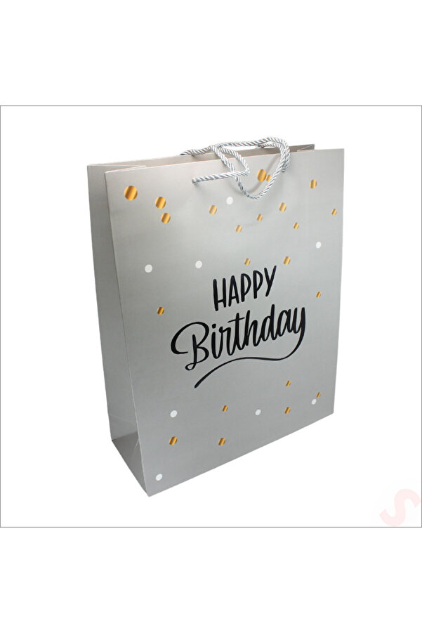 Süsle Baby Party Happy Birthday Gümüş Karton Çanta, 32 x 26 x 10 cm - 1 Adet