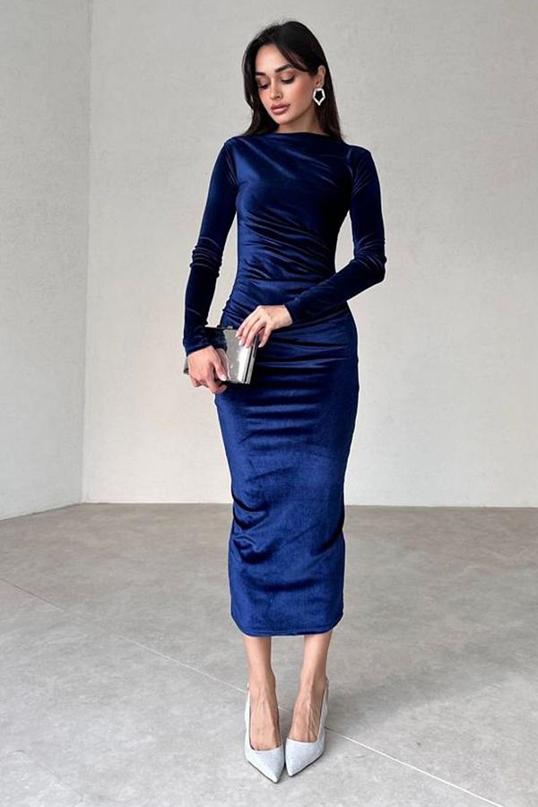 Long navy blue velvet dress sales