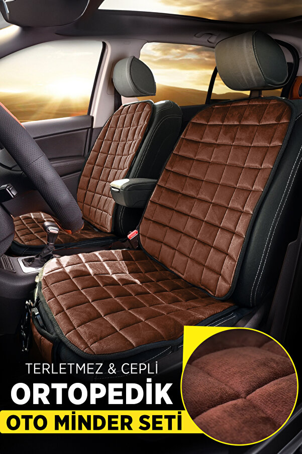 TORPEDO Premium Cepli Ortopedik Oto Koltuk Minder Seti - Oto Koltuk Kılıfı - Ön 2 Koltuk Set - Kahverengi