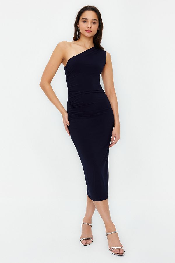 Trendyol Collection-Rochie creion midi tricotată maxi elastică, cu un singur umăr, albastru marin TWOSS24EL00100 1