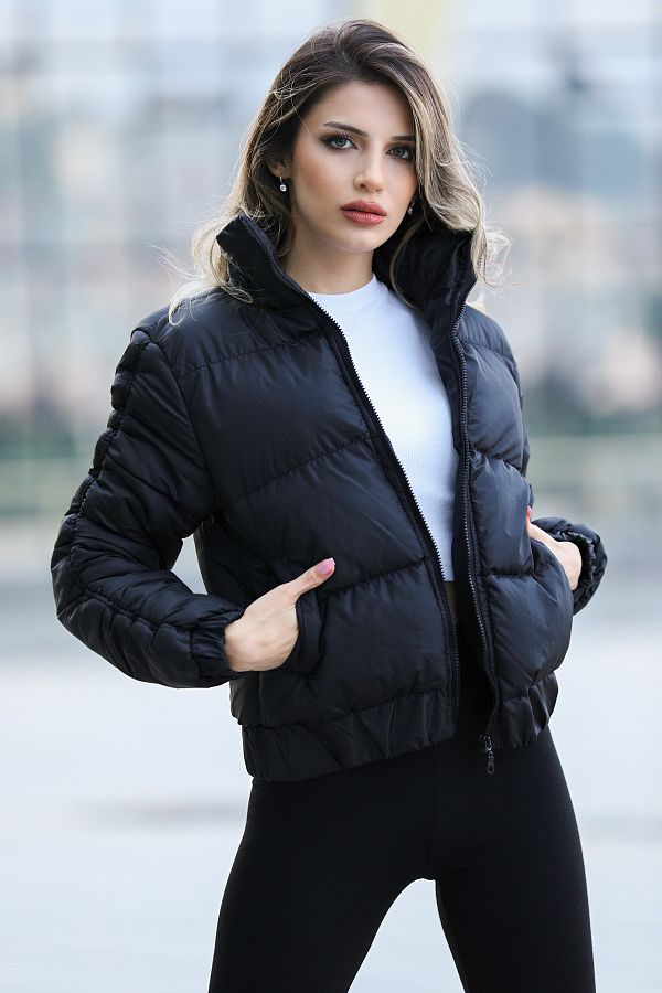 Black puffer jacket with drawstring top