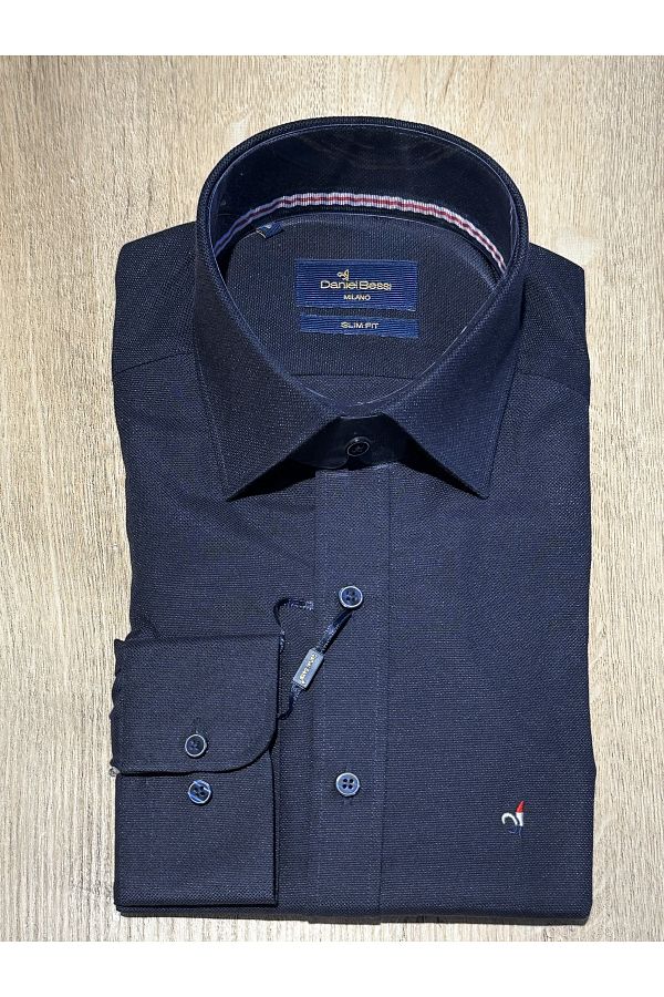 Daniel Bessi-Cămașă pentru bărbați din bumbac albastru bleumarin cu mânecă lungă, slim fit, cu guler 1
